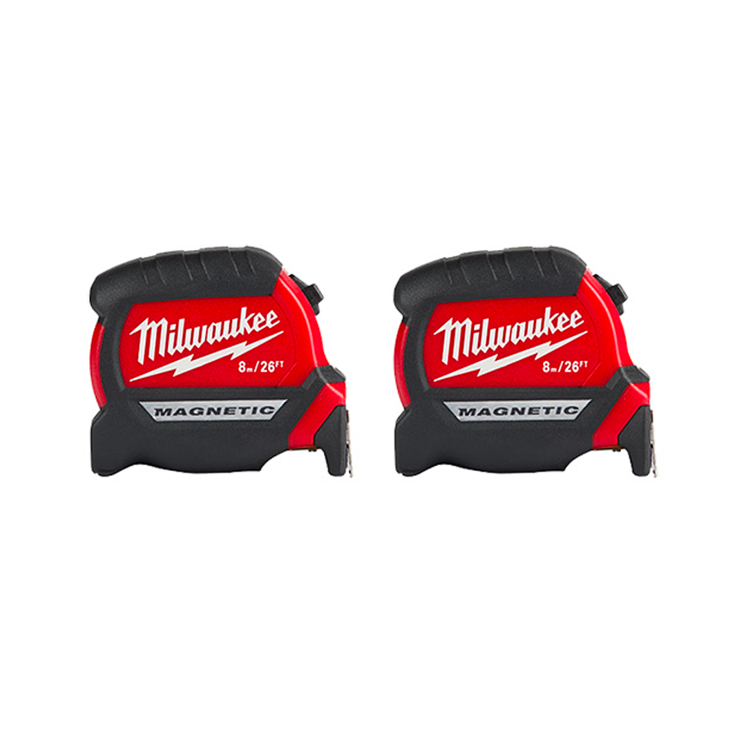 48 22 0326G MILWAUKEE 8M/26FT COMPACT WIDE BLADE MAGNETIC TAPE MEASURE (2 PACK)