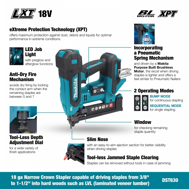 18v lxt bl 1 1/2" 18g narrow crown stapler,tool only